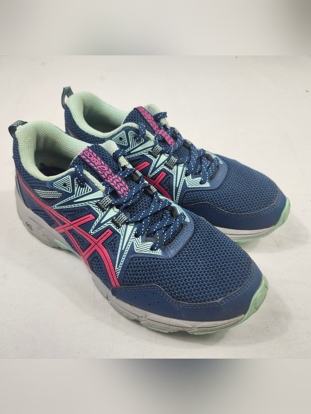 Asics Gel Womens 8 M Navy Athletic Shoes with Mint Interior and Pink Accents